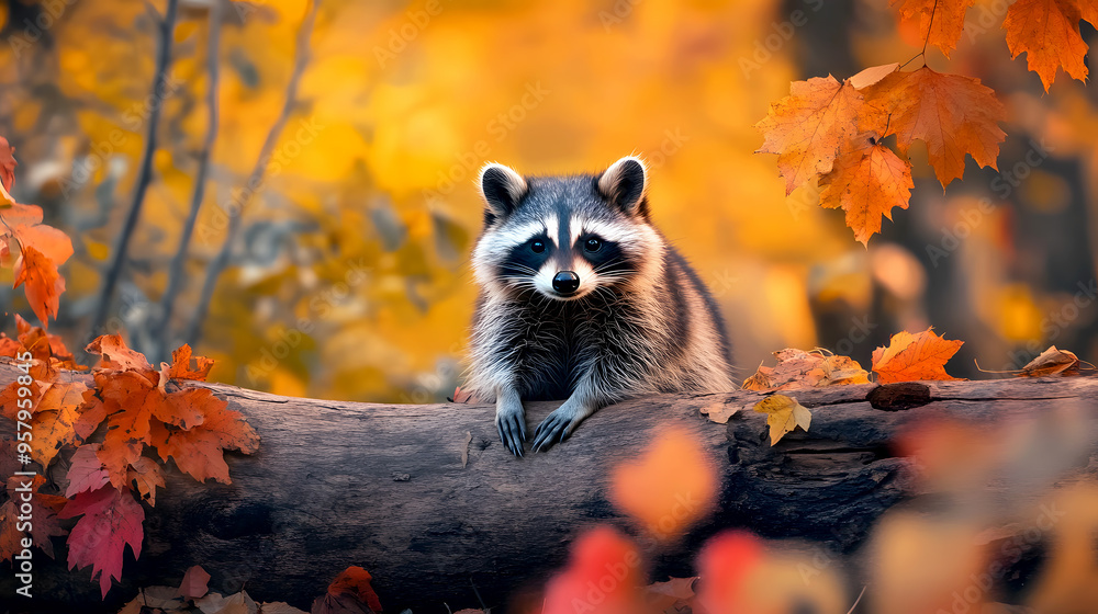 Fototapeta premium raccoon sitting on a log, with a backdrop of vibrant autumn foliage