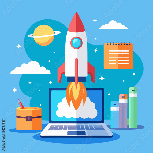 Rocket launch from laptop on office table to fly up in air. Business startup new idea project development, internet marketing strategy growth, future product progress on a website, speed power boost S