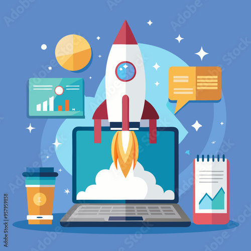 Rocket launch from laptop on office table to fly up in air. Business startup new idea project development, internet marketing strategy growth, future product progress on a website, speed power boost S