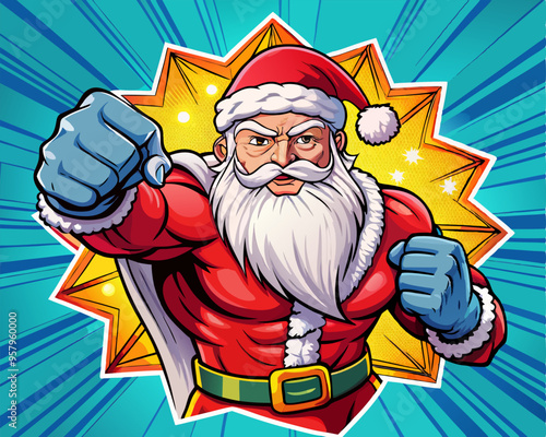 Santa claus superhero costume poster design wall decoration illustration.