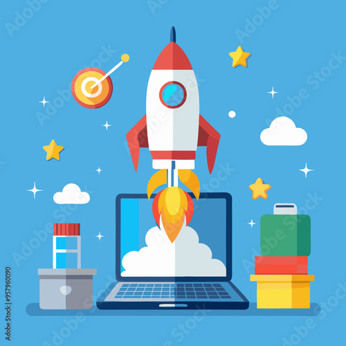 Rocket launch from laptop on office table to fly up in air. Business startup new idea project development, internet marketing strategy growth, future product progress on a website, speed power boost S