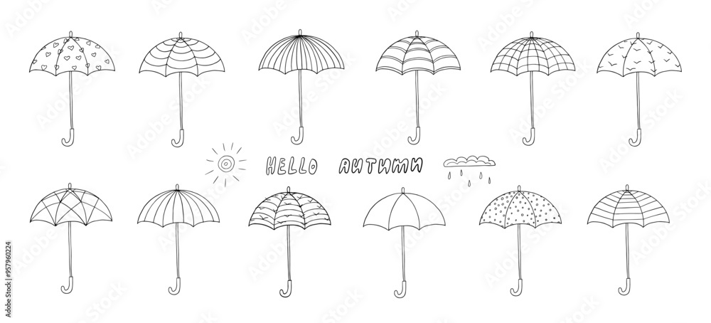 Cute set of umbrellas of different patterns in doodle style. Cozy autumn. Hello fall. Great for decoration interior, print posters, banner, decoration, packaging. Hand drawn Cute set of umbrellas of different patterns in doodle style. Cozy autumn. Hello fall. Great for decoration interior, print posters, banner, decoration, packaging. Hand drawn