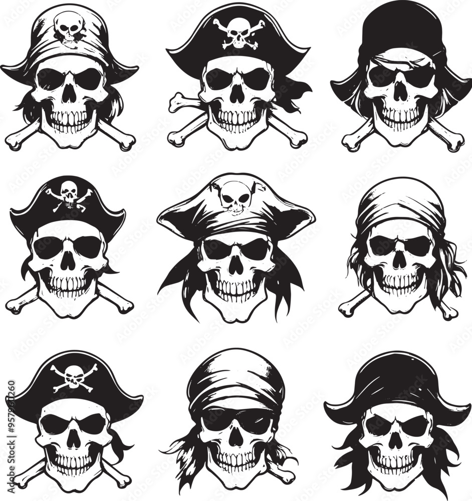 Fototapeta premium Skull Silhouette Digital Illustrations in Black and White for Medical and Gothic Projects 