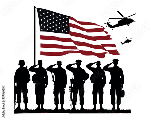 Veterans Army Saluting Vector Silhouettes Bundle, Soldier silhouettes collection for Veterans Day