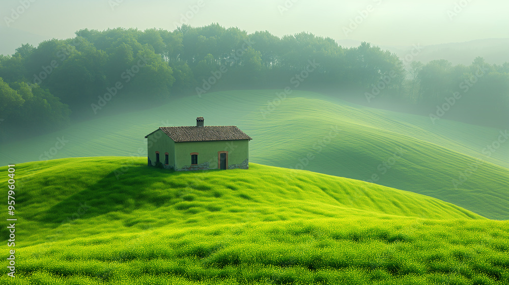A peaceful scene with a small house on a vast grassland A peaceful scene with a small house on a vast grassland