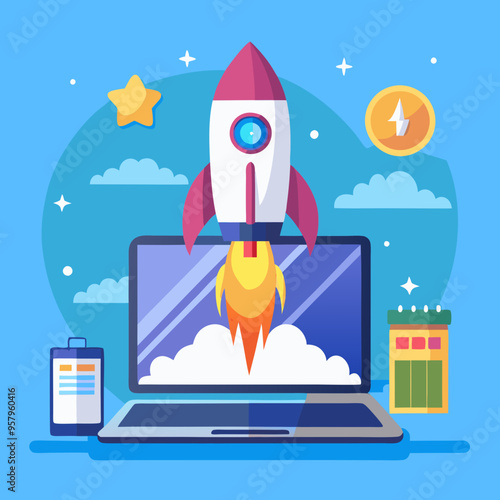 Rocket launch from laptop on office table to fly up in air. Business startup new idea project development, internet marketing strategy growth, future product progress on a website, speed power boost S
