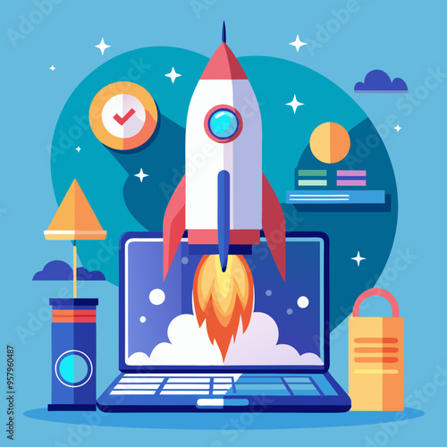 Rocket launch from laptop on office table to fly up in air. Business startup new idea project development, internet marketing strategy growth, future product progress on a website, speed power boost S