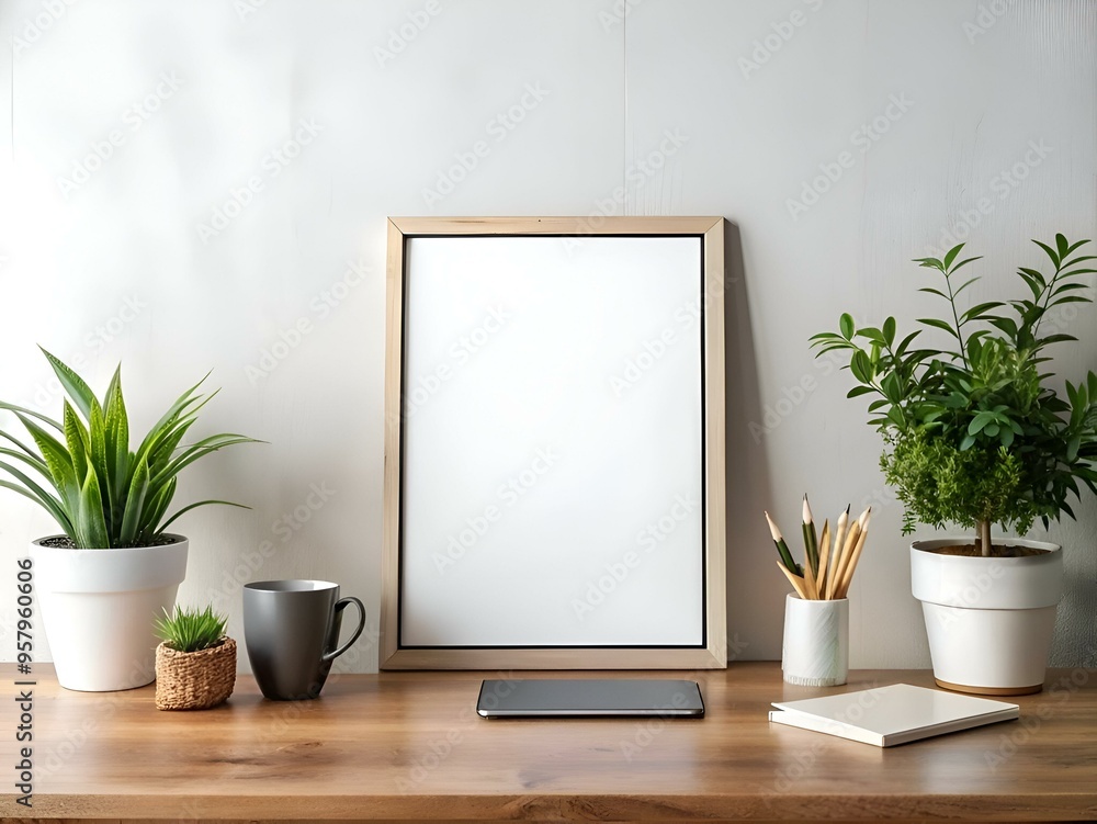 A clean and minimal mockup featuring a blank frame. a tablet. a coffee mug. and potted plants on a wooden table. A clean and minimal mockup featuring a blank frame. a tablet. a coffee mug. and potted plants on a wooden table.