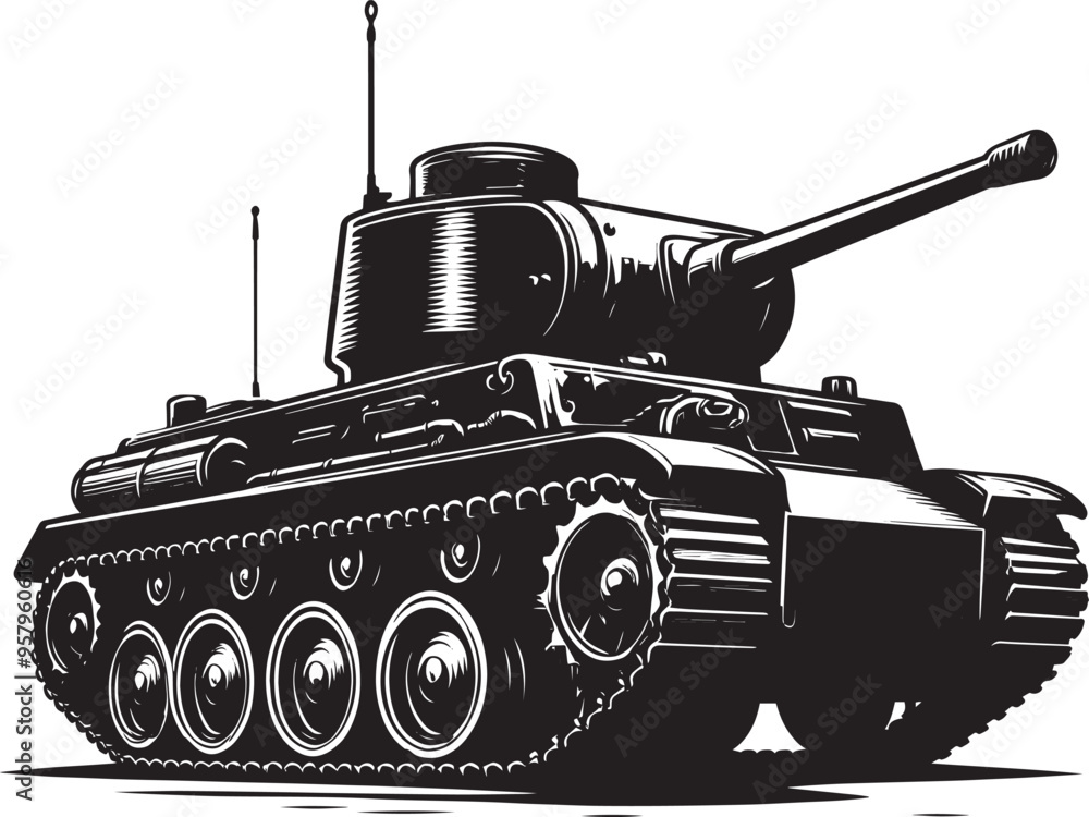 Fototapeta premium Battle Tank Silhouette vector illustration isolated on a white background military vehicle