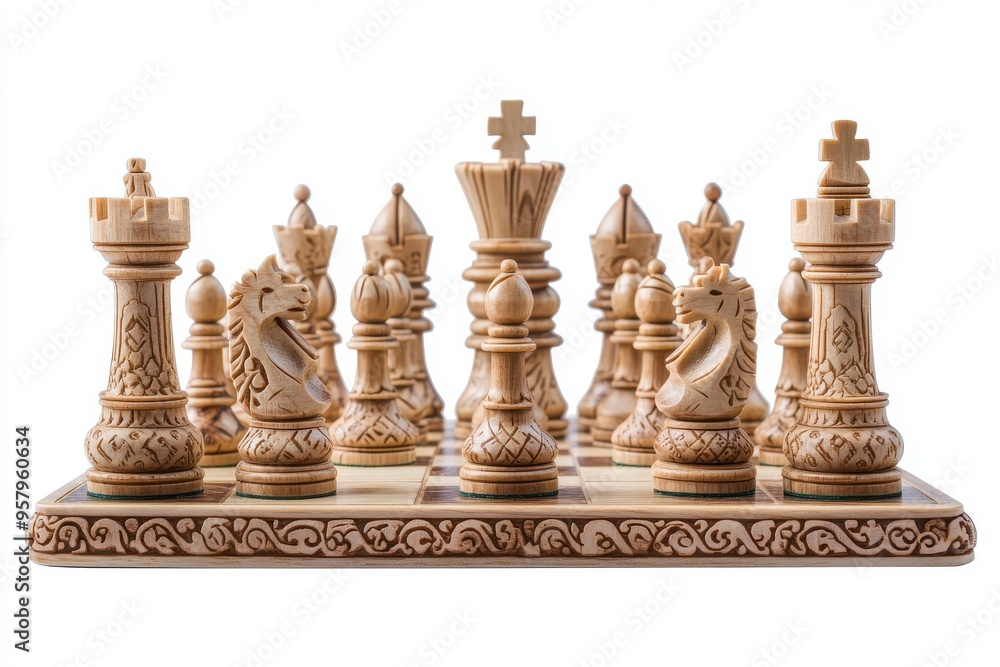 A set of intricately carved wooden chess pieces arranged on a chessboard, isolated against A set of intricately carved wooden chess pieces arranged on a chessboard, isolated against