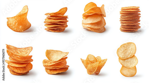 A collection of stacked potato chips, isolated on a white background.