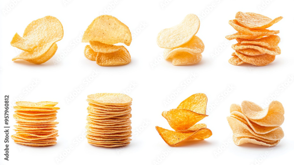 A collection of stacked potato chips, isolated on a white background A collection of stacked potato chips, isolated on a white background