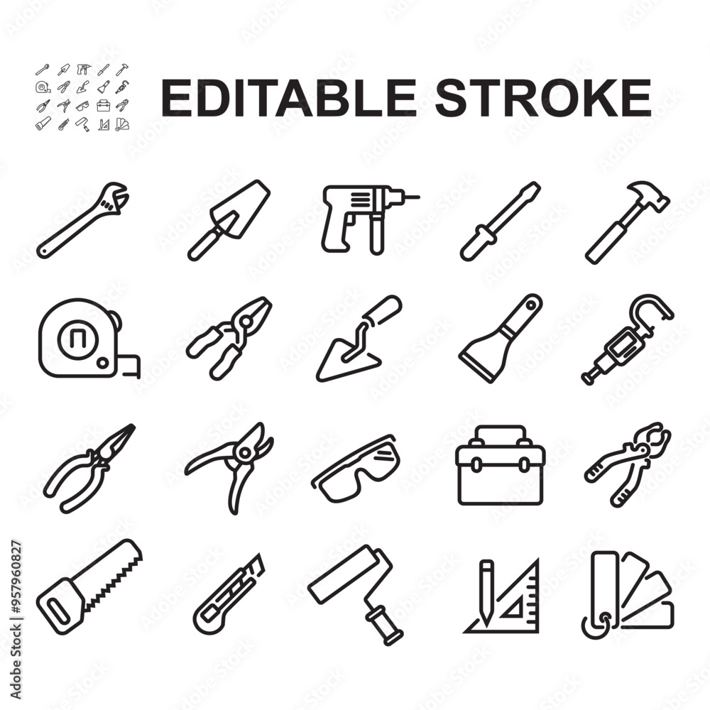Collection of work tools icons. Thin line style vector. Contains icons such as pliers, hammer, drill and more. Collection of work tools icons. Thin line style vector. Contains icons such as pliers, hammer, drill and more.