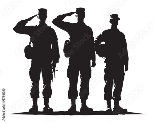 Veterans Army Saluting Vector Silhouettes Bundle, Soldier silhouettes collection for Veterans Day
