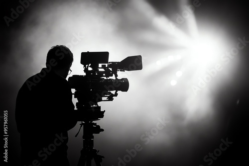 Silhouette of a cameraman filming in a spotlight.  The image is evocative of live performance, news reporting, or a film set.