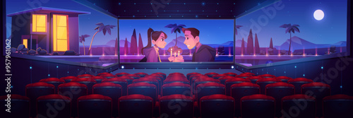 Cinema hall with romantic film on screen. Vector cartoon illustration of show in movie theater with empty seats, upset couple on date near house against night mountain view, moon and stars in dark sky