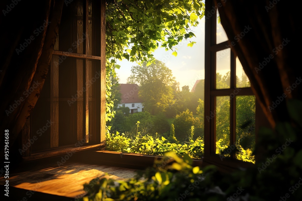 Sunlight streams through an open window, illuminating a lush green garden with a house in the distance. Sunlight streams through an open window, illuminating a lush green garden with a house in the distance.