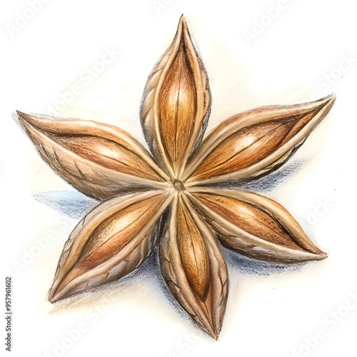 Detailed pencil drawing of a single star anise. perfect for illustrating recipes. culinary articles. or herbal remedies.