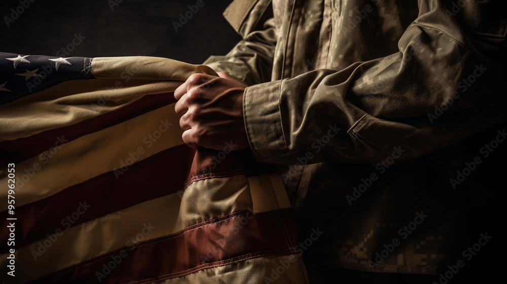 Fototapeta premium American flag held by a soldier.