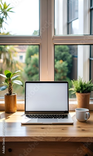 Wallpaper Mural A modern laptop with a blank screen rests on a wooden desk. bathed in natural light streaming through a window. Torontodigital.ca