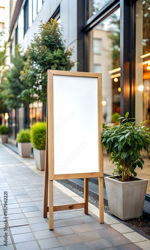 Blank A frame signboard standing on a sidewalk in front of a store ...