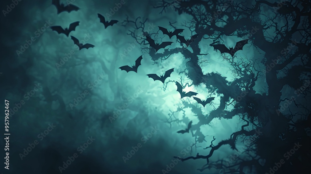 Fototapeta premium Bats Flying Through Foggy Forest at Night