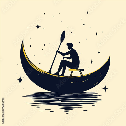 Hand-drawn vector of a man paddling on a crescent moon. A surreal and whimsical artwork for night sky or dream themes.