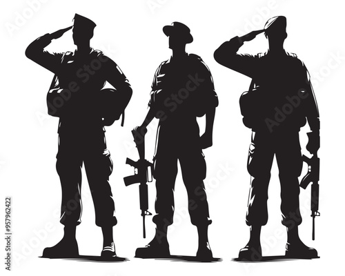Veterans Army Saluting Vector Silhouettes Bundle, Soldier silhouettes collection for Veterans Day