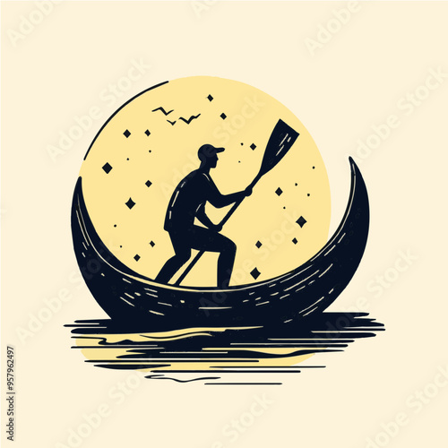 Illustration of a man rowing a crescent moon under the stars. Minimalist and whimsical art perfect for dreamlike and surreal themes.