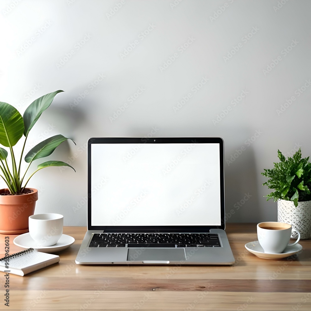 Minimalist workspace with a laptop. two plants. and two coffee cups on a wooden table. Minimalist workspace with a laptop. two plants. and two coffee cups on a wooden table.