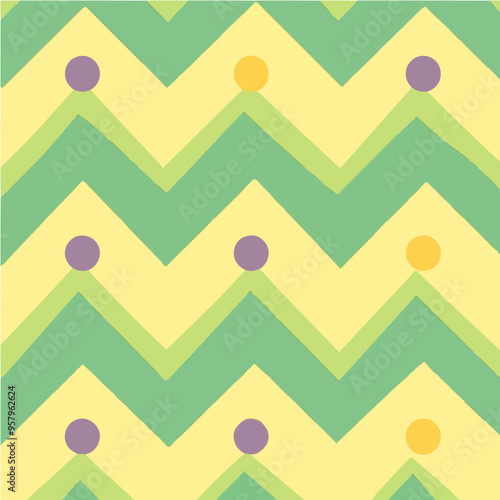 Wallpaper Mural Yellow and green zigzag pattern with purple dots. Perfect for textile designs, playful backgrounds, and decorative elements. Torontodigital.ca