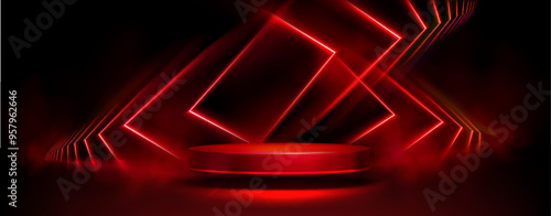 Round podium on red light background. Vector realistic illustration of dark showroom for modern product presentation with abstract glowing rectangles, technology showroom, nightclub stage design