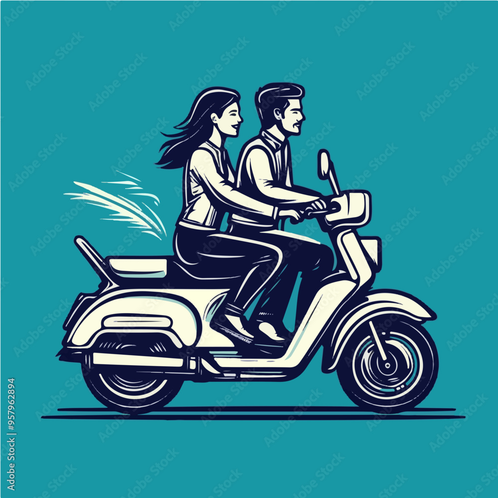 Simple vector illustration of a man and woman riding together on a motorcycle, symbolizing travel, adventure, and freedom. Simple vector illustration of a man and woman riding together on a motorcycle, symbolizing travel, adventure, and freedom.