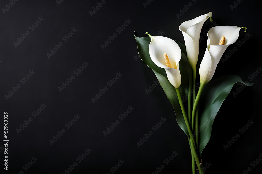 elegant white calla lily flowers on right side black empty paper on dark background. Funeral condolence, card sympathy floral concept