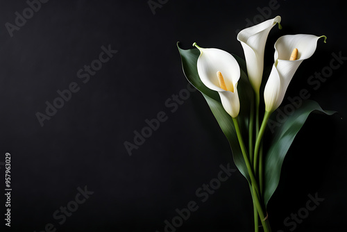 Obraz na płótnie elegant white calla lily flowers on right side black empty paper on dark background. Funeral condolence, card sympathy floral concept w salonie