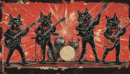 Illustration in vintage vector style featuring four cats in Kiss costumes, rocking out with guitars and drums, full of energy and retro flair photo