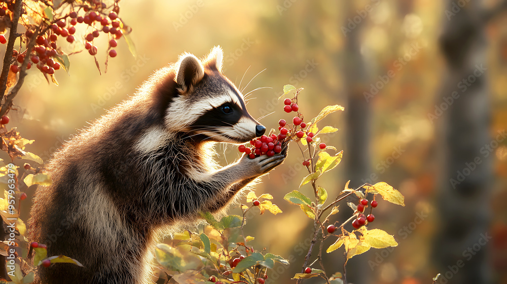Obraz premium raccoon sniffing at wild berries on a bush, with a serene forest backdrop