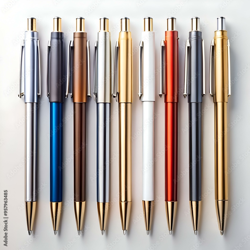 A vibrant row of nine pens. each in a distinct metallic color. arranged neatly on a white background. A vibrant row of nine pens. each in a distinct metallic color. arranged neatly on a white background.