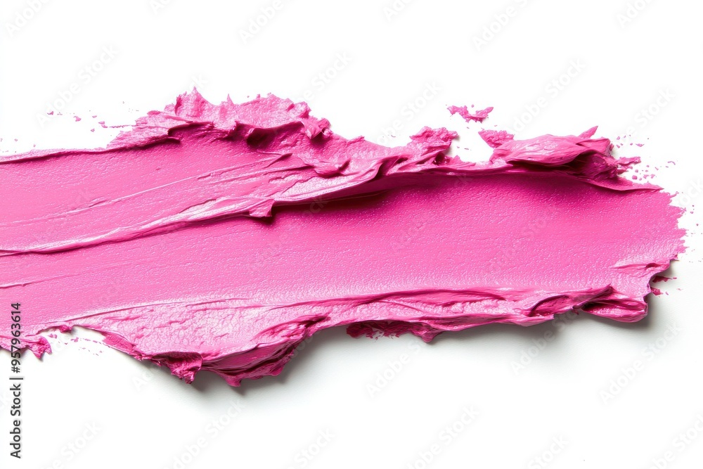 A thick, textured smudge of pink lipstick spread across a white background. The rich, A thick, textured smudge of pink lipstick spread across a white background. The rich,