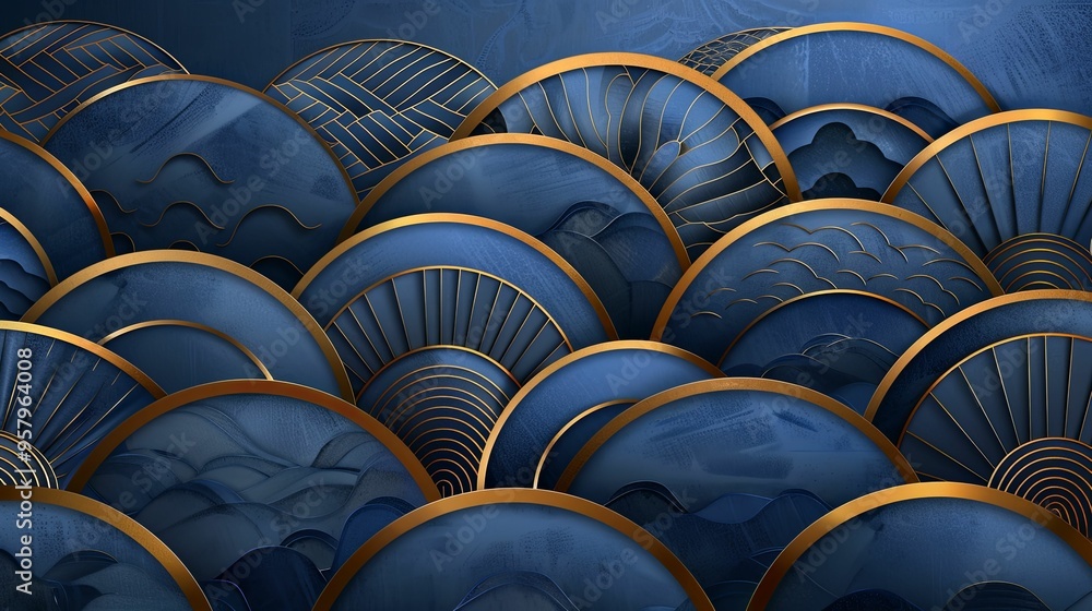 Abstract Blue and Gold Geometric Pattern with Overlapping Circles Abstract Blue and Gold Geometric Pattern with Overlapping Circles