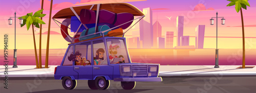 Family traveling by car on summer vacation. Vector cartoon illustration of parents, child and dog in auto with baggage on top driving highway, modern cityscape, palm trees, birds flying in pink sky