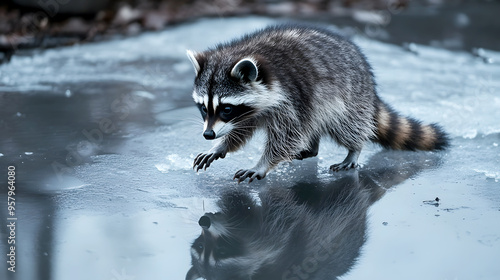 raccoon standing on a frozen pond, cautiously testing the ice with one paw