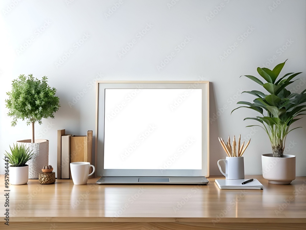 Obraz premium A minimalist home office mockup featuring a blank frame. laptop. and plants.