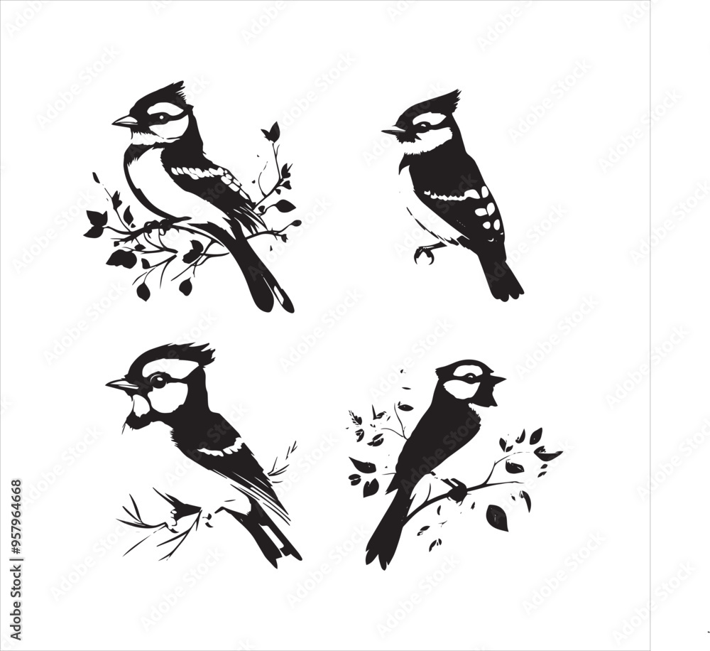 Fototapeta premium bird, vector, branch, animal, illustration, nature, tree, birds, silhouette, design, art, winter, cute, wildlife, cartoon, crow, beak, black, flower, spring, bullfinch, drawing, leaf, wing, wild