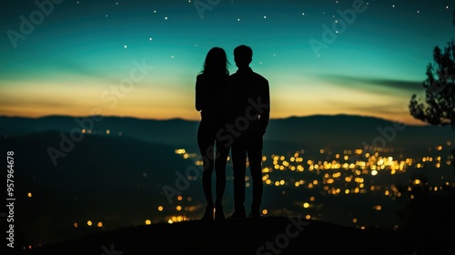 Silhouette of Couple Overlooking Illuminated City at Night photo