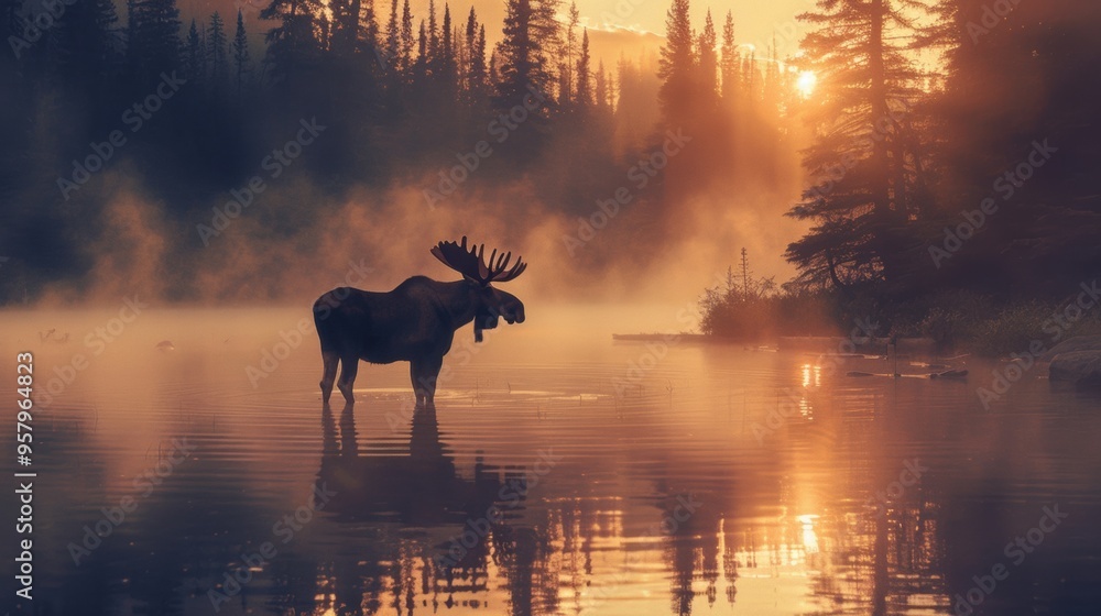 Majestic Moose Silhouette at Misty Sunset Lake in Northern Wilderness Majestic Moose Silhouette at Misty Sunset Lake in Northern Wilderness