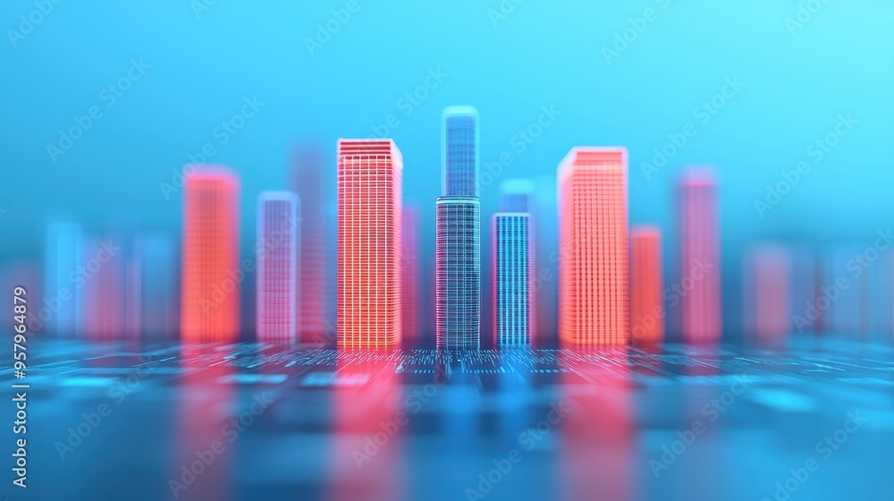 Obraz premium Digital Investment in Futuristic Business District: Holographic Skyscrapers and Urban Growth