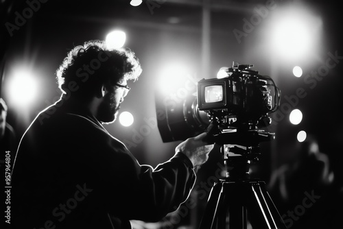 A cinematographer films a scene on a movie set, captured in black and white. The focus is on the camera and the operator, creating a sense of cinematic artistry.