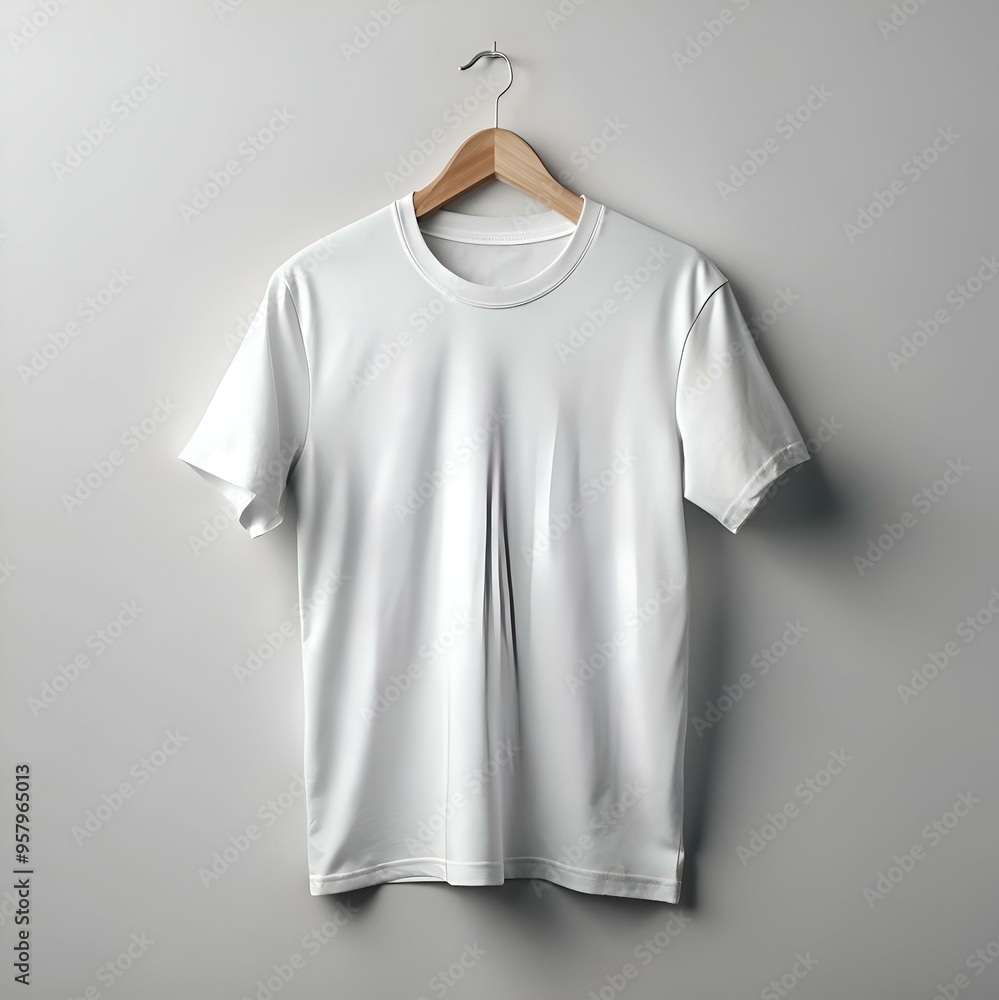 A clean and simple mockup of a white t shirt hanging on a wooden hanger against a white background. A clean and simple mockup of a white t shirt hanging on a wooden hanger against a white background.