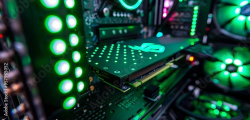 Close-up of RGB SSD with green lights, high-tech gaming room